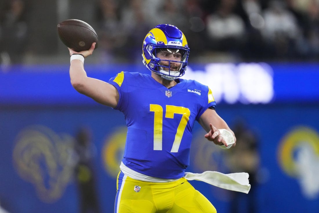 Dec 8, 2022; Inglewood, California, USA; Los Angeles Rams quarterback Baker Mayfield (17) throws the ball in the second half against the Las Vegas Raiders at SoFi Stadium. Mandatory Credit: Kirby Lee-USA TODAY Sports