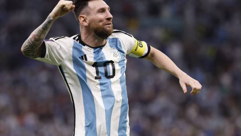 Dec 9, 2022; Lusail City, QATAR; Argentina forward Lionel Messi (10) celebrates after defeating Netherlands in the quarterfinals of the 2022 FIFA World Cup at Lusail Stadium. Mandatory Credit: Yukihito Taguchi-USA TODAY Sports