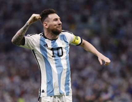 Dec 9, 2022; Lusail City, QATAR; Argentina forward Lionel Messi (10) celebrates after defeating Netherlands in the quarterfinals of the 2022 FIFA World Cup at Lusail Stadium. Mandatory Credit: Yukihito Taguchi-USA TODAY Sports