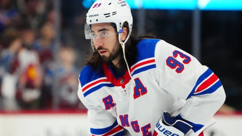 Dec 9, 2022; Denver, Colorado, USA; New York Rangers center Mika Zibanejad (93) before the game against the Colorado Avalanche at Ball Arena. Mandatory Credit: Ron Chenoy-USA TODAY Sports