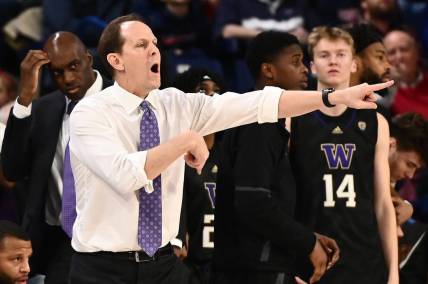 Dec 9, 2022; Spokane, Washington, USA; Washington Huskies head coach Mike Hopkins directs his team against the Gonzaga Bulldogs in the first half at McCarthey Athletic Center. Mandatory Credit: James Snook-USA TODAY Sports