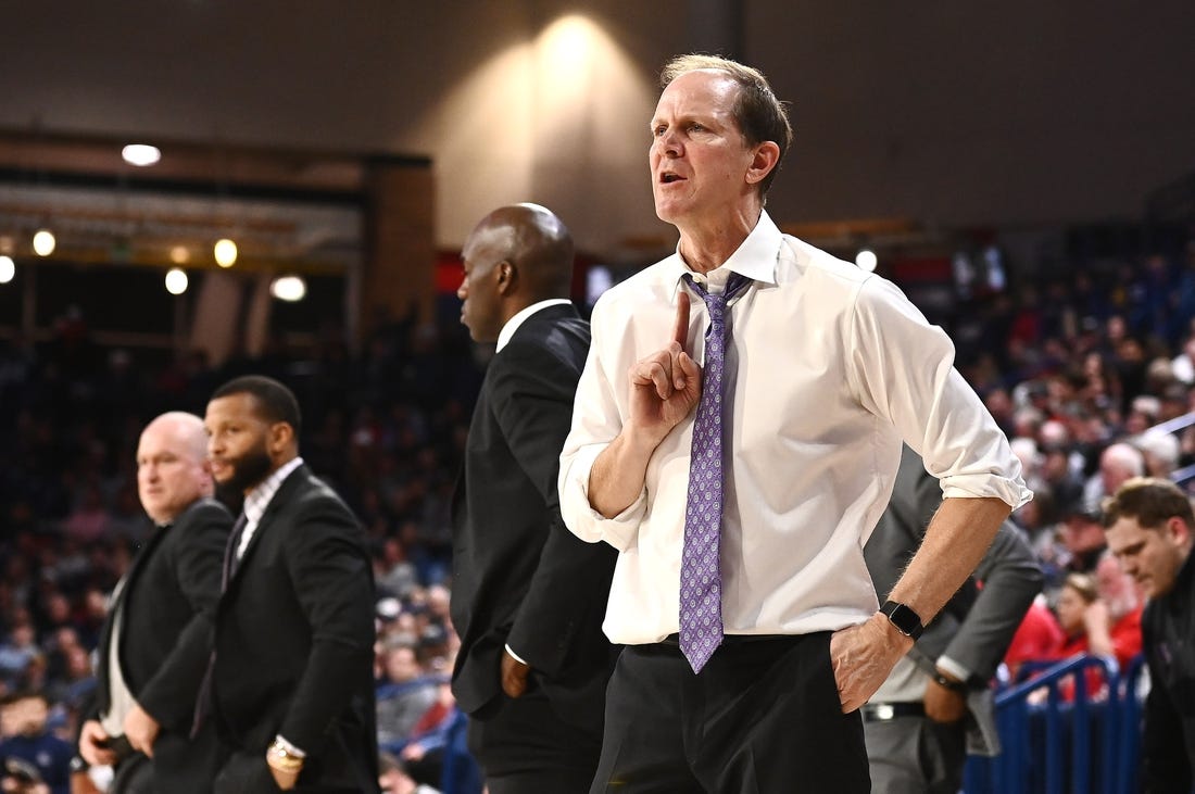 Dec 9, 2022; Spokane, Washington, USA; Washington Huskies head coach Mike Hopkins looks on against the Gonzaga Bulldogs in the second half at McCarthey Athletic Center. Gonzaga won 77-60. Mandatory Credit: James Snook-USA TODAY Sports