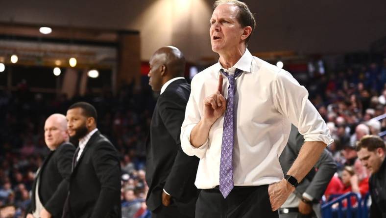 Dec 9, 2022; Spokane, Washington, USA; Washington Huskies head coach Mike Hopkins looks on against the Gonzaga Bulldogs in the second half at McCarthey Athletic Center. Gonzaga won 77-60. Mandatory Credit: James Snook-USA TODAY Sports