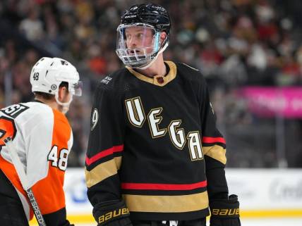 Dec 9, 2022; Las Vegas, Nevada, USA; Vegas Golden Knights center Jack Eichel (9) prepares for a faceoff against the Philadelphia Flyers during the second period at T-Mobile Arena. Mandatory Credit: Stephen R. Sylvanie-USA TODAY Sports