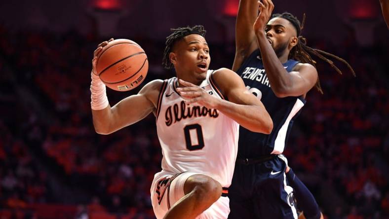 Dec 10, 2022; Champaign, Illinois, USA;  Illinois Fighting Illini guard Terrence Shannon Jr. (0) moves to the basket during the first half against the Penn State Nittany Lions at State Farm Center. Mandatory Credit: Ron Johnson-USA TODAY Sports