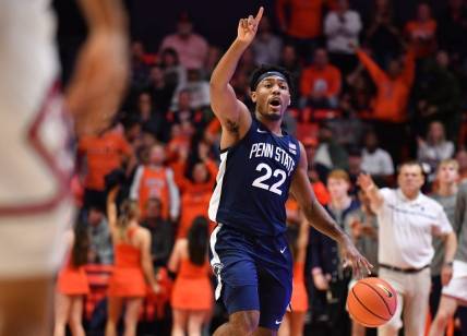 Dec 10, 2022; Champaign, Illinois, USA;  Penn State Nittany Lions guard Jalen Pickett (22) brings the ball up court during the second half against the Illinois Fighting Illini at State Farm Center. Mandatory Credit: Ron Johnson-USA TODAY Sports