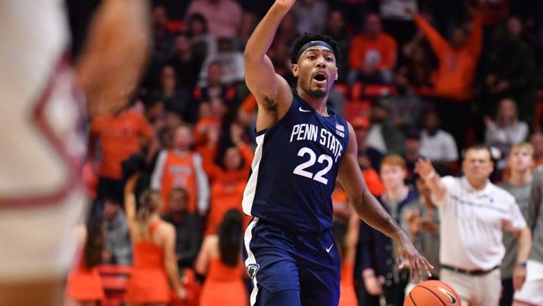 Dec 10, 2022; Champaign, Illinois, USA;  Penn State Nittany Lions guard Jalen Pickett (22) brings the ball up court during the second half against the Illinois Fighting Illini at State Farm Center. Mandatory Credit: Ron Johnson-USA TODAY Sports