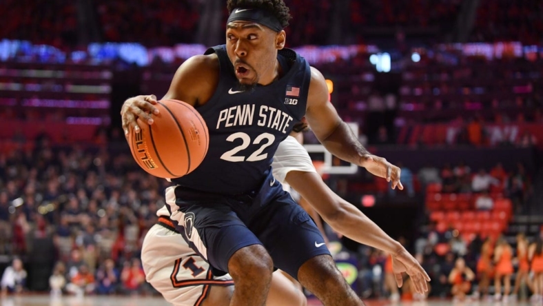 Dec 10, 2022; Champaign, Illinois, USA;  Penn State Nittany Lions guard Jalen Pickett (22) moves the ball to the basket during the second half against the Illinois Fighting Illini at State Farm Center. Mandatory Credit: Ron Johnson-USA TODAY Sports