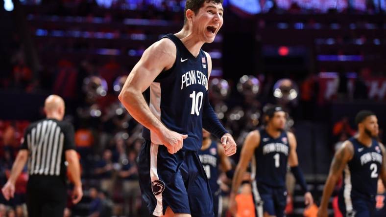 Dec 10, 2022; Champaign, Illinois, USA;  Penn State Nittany Lions guard Andrew Funk (10) reacts following the victory against the Illinois Fighting Illini at State Farm Center. Mandatory Credit: Ron Johnson-USA TODAY Sports