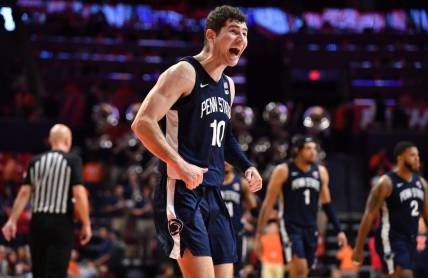 Dec 10, 2022; Champaign, Illinois, USA;  Penn State Nittany Lions guard Andrew Funk (10) reacts following the victory against the Illinois Fighting Illini at State Farm Center. Mandatory Credit: Ron Johnson-USA TODAY Sports