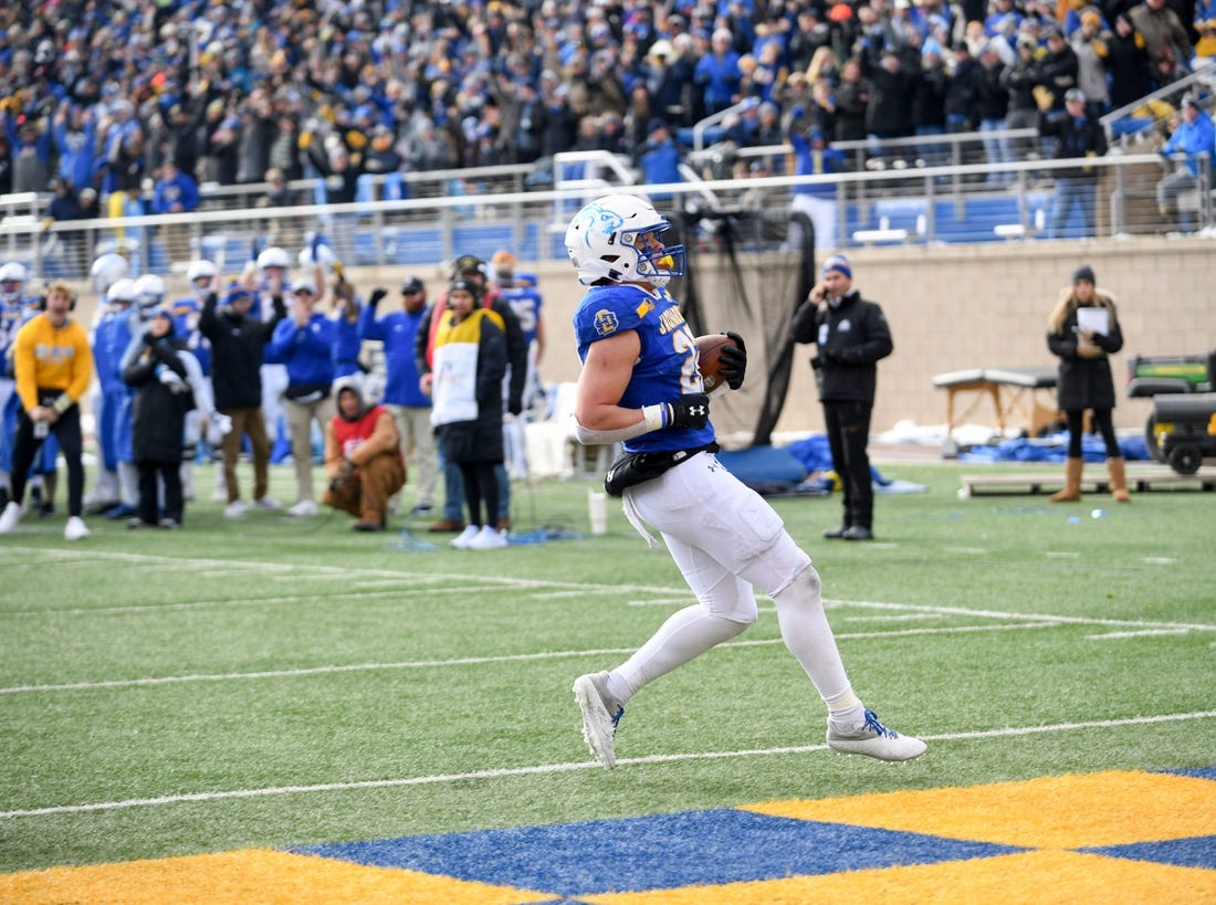 South Dakota State   s Isaiah Davis runs the ball in for a two-point conversion while playing Holy Cross in the FCS quarterfinals on Saturday, December 10, 2022, in Sioux Falls.

Fcs Quarterfinal 016