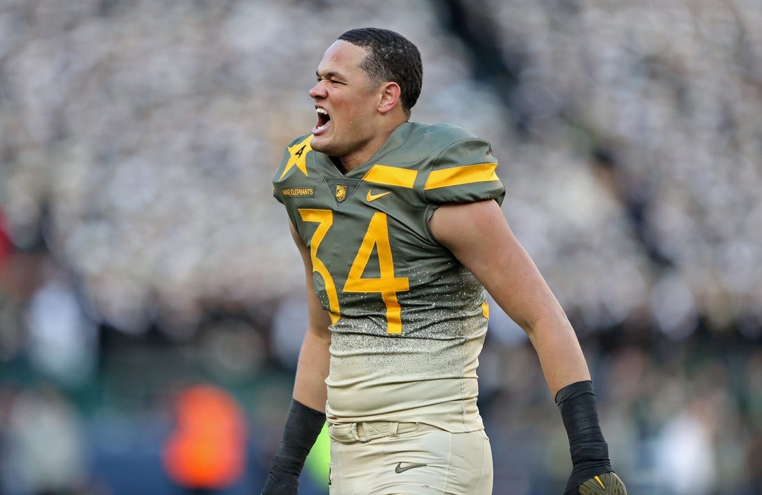 Dec 10, 2022; Philadelphia, Pennsylvania, USA; Army Black Knights outside linebacker Andre Carter II (34) reacts after a play against the Navy Midshipmen during the first half of the 123rd Army-Navy game at Lincoln Financial Field. Mandatory Credit: Danny Wild-USA Today Sports