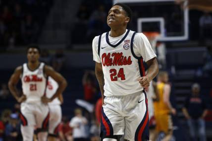 Dec 10, 2022; Oxford, Mississippi, USA; Mississippi Rebels guard Daeshun Ruffin (24) reacts after a basket during the second half at The Sandy and John Black Pavilion at Ole Miss. Mandatory Credit: Petre Thomas-USA TODAY Sports