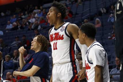 Dec 10, 2022; Oxford, Mississippi, USA; Mississippi Rebels guard Matthew Murrell (11) reacts from the bench during the second half against the Valparaiso Beacons at The Sandy and John Black Pavilion at Ole Miss. Mandatory Credit: Petre Thomas-USA TODAY Sports