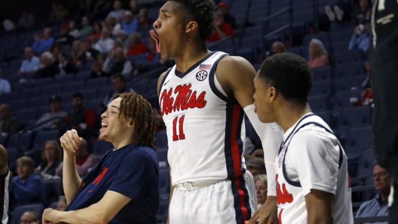 Dec 10, 2022; Oxford, Mississippi, USA; Mississippi Rebels guard Matthew Murrell (11) reacts from the bench during the second half against the Valparaiso Beacons at The Sandy and John Black Pavilion at Ole Miss. Mandatory Credit: Petre Thomas-USA TODAY Sports