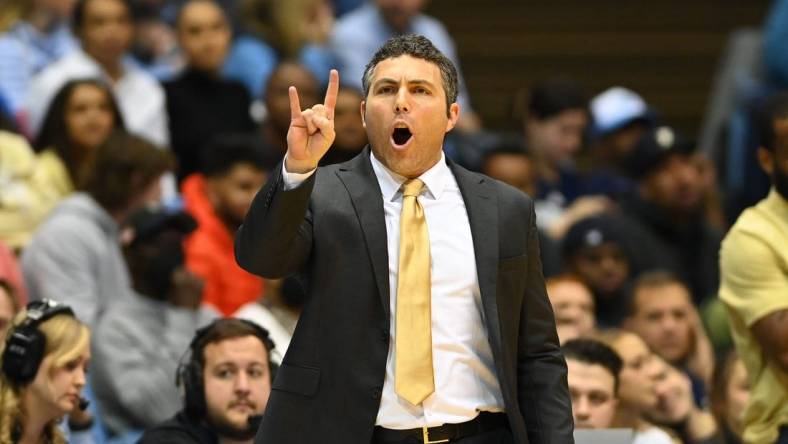 Dec 10, 2022; Chapel Hill, North Carolina, USA; Georgia Tech Yellow Jackets head coach Josh Pastner reacts in the second half at Dean E. Smith Center. Mandatory Credit: Bob Donnan-USA TODAY Sports