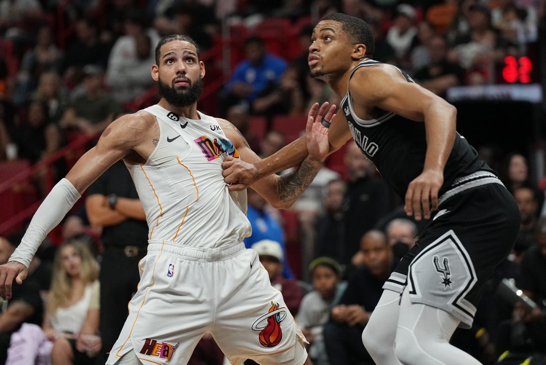 Dec 10, 2022; Miami, Florida, USA; Miami Heat forward Caleb Martin (16) and San Antonio Spurs forward Keldon Johnson (3) battle for position during the first half at FTX Arena. Mandatory Credit: Jim Rassol-USA TODAY Sports