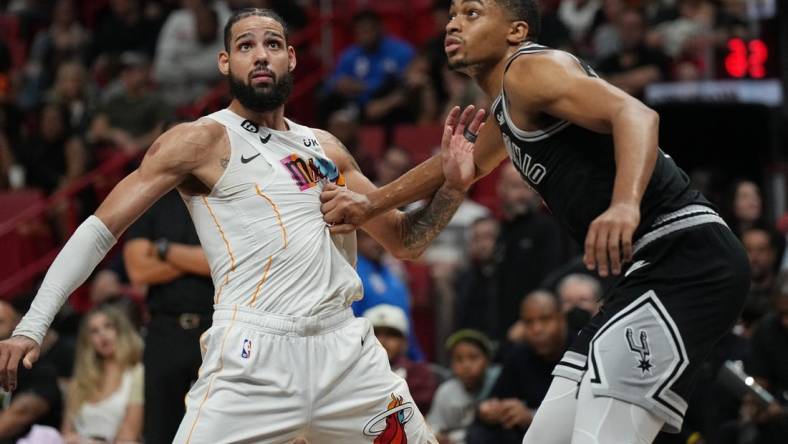 Dec 10, 2022; Miami, Florida, USA; Miami Heat forward Caleb Martin (16) and San Antonio Spurs forward Keldon Johnson (3) battle for position during the first half at FTX Arena. Mandatory Credit: Jim Rassol-USA TODAY Sports