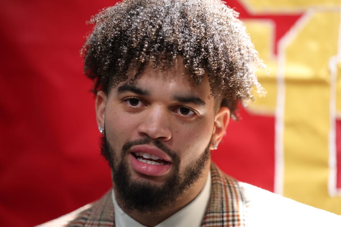 Dec 10, 2022; New York, NY, USA; Southern California quarterback Caleb Williams speaks to the media during a press conference in the Astor Ballroom at the New York Marriott Marquis in New York, NY, before the 2022 Heisman Trophy award ceremony. Mandatory Credit: Brad Penner-USA TODAY Sports