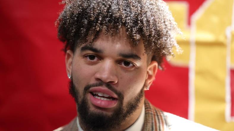 Dec 10, 2022; New York, NY, USA; Southern California quarterback Caleb Williams speaks to the media during a press conference in the Astor Ballroom at the New York Marriott Marquis in New York, NY, before the 2022 Heisman Trophy award ceremony. Mandatory Credit: Brad Penner-USA TODAY Sports