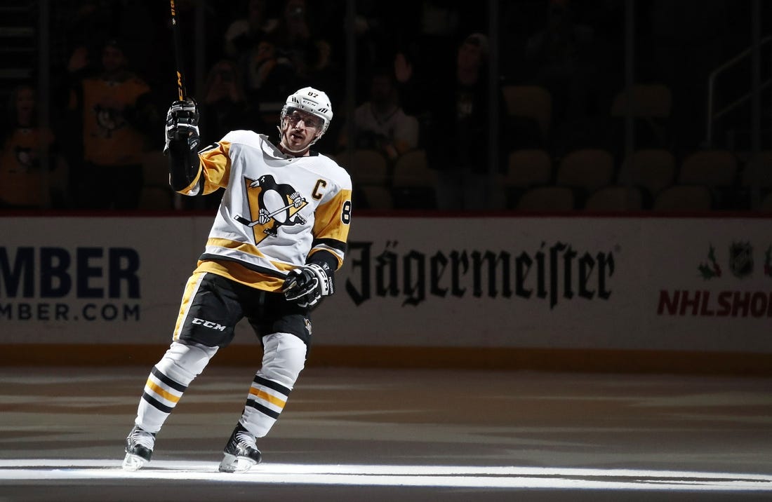 Sidney Crosby of the Pittsburgh Penguins looks on during a