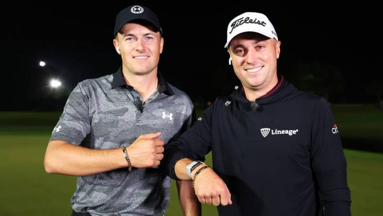 Dec 10, 2022, 2020; Belleair, Florida, USA; Jordan Spieth of the United States and Justin Thomas of the United States celebrate with their bracelets after defeating Tiger Woods of the United States and Rory McIlroy of Northern Ireland to win  The Match 7 at Pelican at Pelican Golf Club.  Mandatory Credit: Handout photo by Mike Ehrmann/Getty Images for The Match via USA TODAY Sports