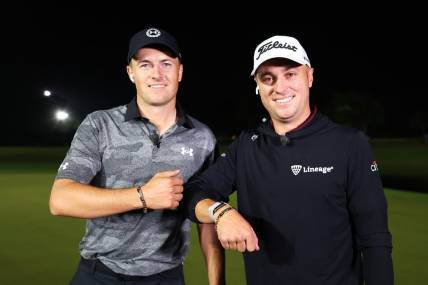 Dec 10, 2022, 2020; Belleair, Florida, USA; Jordan Spieth of the United States and Justin Thomas of the United States celebrate with their bracelets after defeating Tiger Woods of the United States and Rory McIlroy of Northern Ireland to win  The Match 7 at Pelican at Pelican Golf Club.  Mandatory Credit: Handout photo by Mike Ehrmann/Getty Images for The Match via USA TODAY Sports