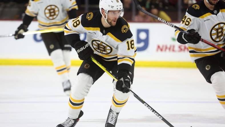 Dec 9, 2022; Tempe, Arizona, USA; Boston Bruins center Pavel Zacha (18) against the Arizona Coyotes at Mullett Arena. Mandatory Credit: Mark J. Rebilas-USA TODAY Sports