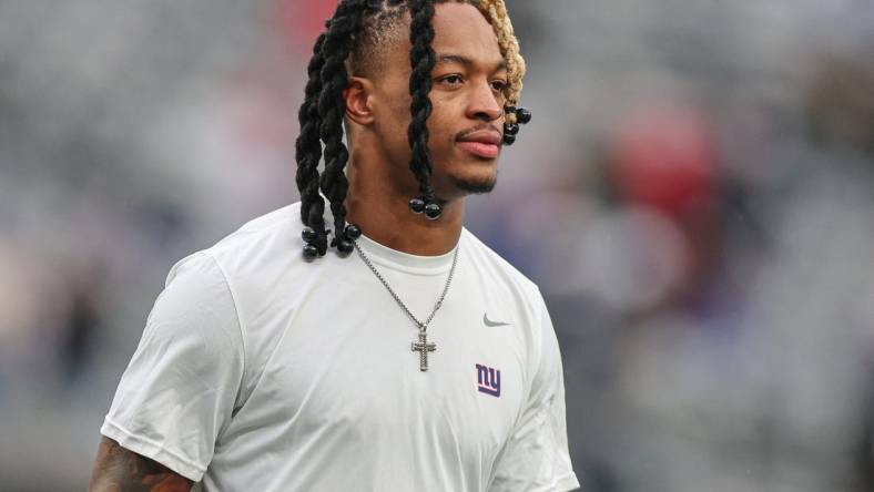 Dec 11, 2022; East Rutherford, New Jersey, USA; New York Giants safety Xavier McKinney (29) walks across the field before the game against the Philadelphia Eagles at MetLife Stadium. Mandatory Credit: Vincent Carchietta-USA TODAY Sports