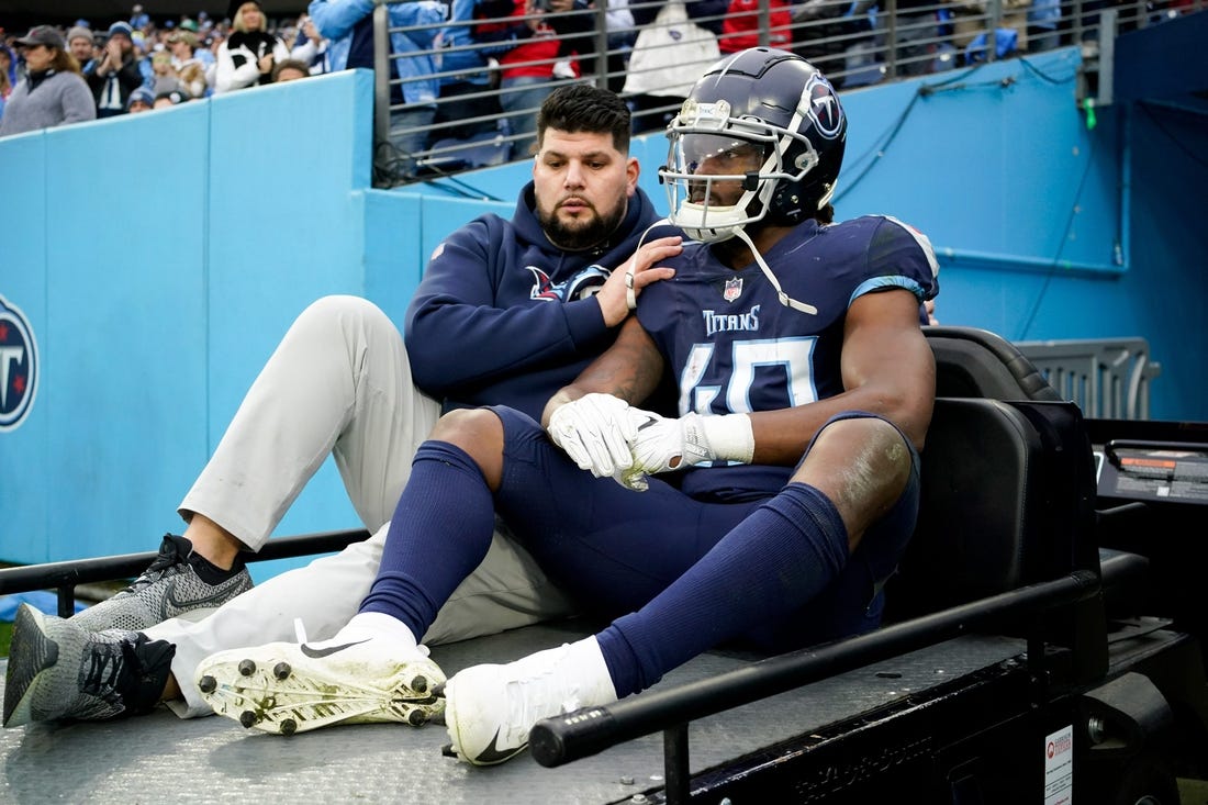 Tennessee Titans running back Dontrell Hilliard (40) is carted off the field after an injury during the second quarter at Nissan Stadium Sunday, Dec. 11, 2022, in Nashville, Tenn.

Nfl Jacksonville Jaguars At Tennessee Titans