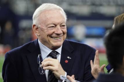 Dec 11, 2022; Arlington, Texas, USA; Dallas Cowboys owner Jerry Jones on the field prior to a game against the Houston Texans at AT&T Stadium. Mandatory Credit: Raymond Carlin III-USA TODAY Sports