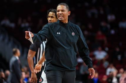 Dec 11, 2022; Columbia, South Carolina, USA; South Carolina Gamecocks head coach Lamont Paris directs his team against the Presbyterian Blue Hose in the second half at Colonial Life Arena. Mandatory Credit: Jeff Blake-USA TODAY Sports