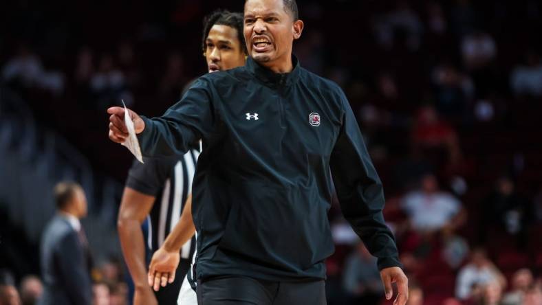 Dec 11, 2022; Columbia, South Carolina, USA; South Carolina Gamecocks head coach Lamont Paris directs his team against the Presbyterian Blue Hose in the second half at Colonial Life Arena. Mandatory Credit: Jeff Blake-USA TODAY Sports