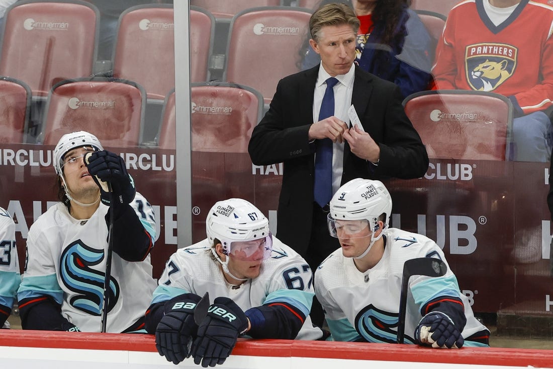 Dec 11, 2022; Sunrise, Florida, USA; Seattle Kraken head coach Dave Hakstol looks on from the bench during the third period against the Florida Panthers  at FLA Live Arena. Mandatory Credit: Sam Navarro-USA TODAY Sports