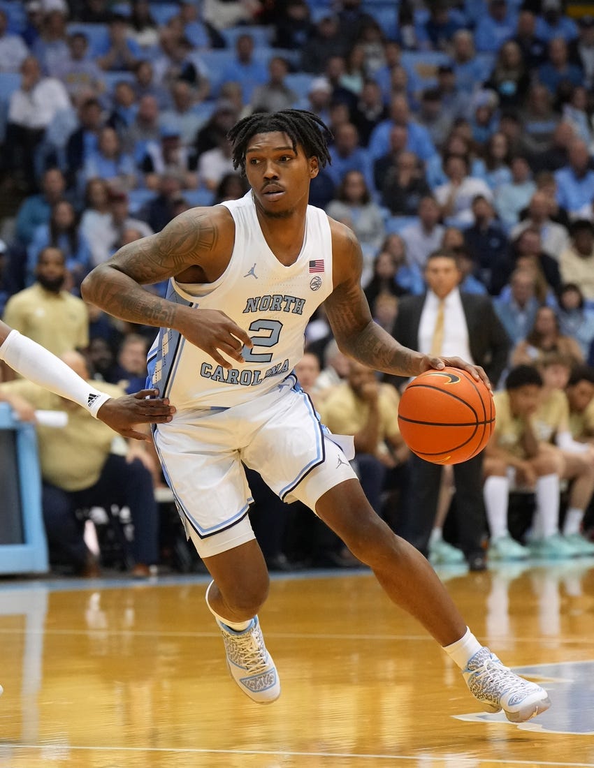 Dec 10, 2022; Chapel Hill, North Carolina, USA; North Carolina Tar Heels guard Caleb Love (2) dribbles in the second half at Dean E. Smith Center. Mandatory Credit: Bob Donnan-USA TODAY Sports