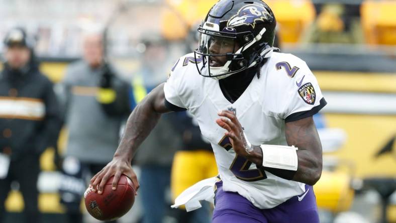 Dec 11, 2022; Pittsburgh, Pennsylvania, USA;  Baltimore Ravens quarterback Tyler Huntley (2) against the Pittsburgh Steelers during the second quarter at Acrisure Stadium. Mandatory Credit: Charles LeClaire-USA TODAY Sports