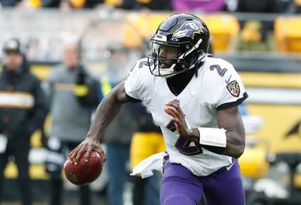 Dec 11, 2022; Pittsburgh, Pennsylvania, USA;  Baltimore Ravens quarterback Tyler Huntley (2) against the Pittsburgh Steelers during the second quarter at Acrisure Stadium. Mandatory Credit: Charles LeClaire-USA TODAY Sports