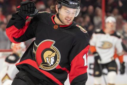 Dec 12, 2022; Ottawa, Ontario, CAN; Ottawa Senators right wing Alex DeBrincat (12) celebrates his goal scored in the first period against the Anaheim Ducks at the Canadian Tire Centre. Mandatory Credit: Marc DesRosiers-USA TODAY Sports