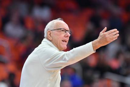 Dec 12, 2022; Syracuse, New York, USA; Syracuse Orange head coach Jim Boeheim reacts to a play in the second half against the Monmouth Hawks at JMA Wireless Dome. Mandatory Credit: Mark Konezny-USA TODAY Sports