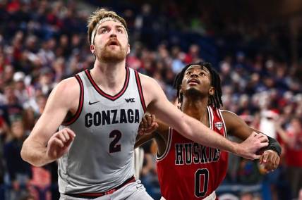 Dec 12, 2022; Spokane, Washington, USA; Northern Illinois Huskies guard Keshawn Williams (0) fights for position against Gonzaga Bulldogs forward Drew Timme (2) in the second half at McCarthey Athletic Center. Gonzaga won 88-67. Mandatory Credit: James Snook-USA TODAY Sports