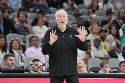 Dec 12, 2022; San Antonio, Texas, USA; San Antonio Spurs head coach Gregg Popovich signals to his team in the second half against the Cleveland Cavaliers at the AT&T Center. Mandatory Credit: Daniel Dunn-USA TODAY Sports