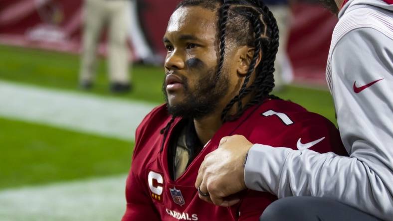 Dec 12, 2022; Glendale, Arizona, USA; Arizona Cardinals quarterback Kyler Murray reacts after suffering an injury against the New England Patriots in the first half at State Farm Stadium. Mandatory Credit: Mark J. Rebilas-USA TODAY Sports