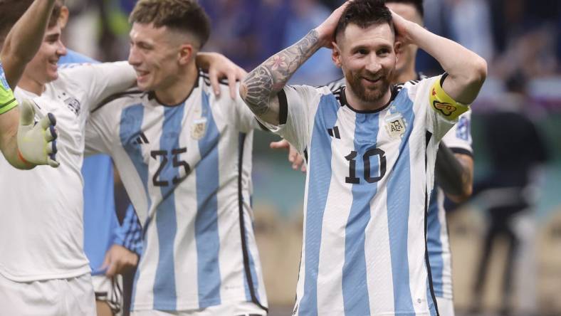 Dec 13, 2022; Lusail, Qatar; Argentina forward Lionel Messi (10) celebrates after the semifinal match against Croatia during the 2022 World Cup at Lusail Stadium. Mandatory Credit: Yukihito Taguchi-USA TODAY Sports