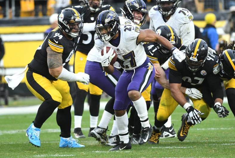 Dec 11, 2022; Pittsburgh, Pennsylvania, USA;  Baltimore Ravens running back J.K. Dobbins (27) during the fourth quarter at Acrisure Stadium. Mandatory Credit: Philip G. Pavely-USA TODAY Sports