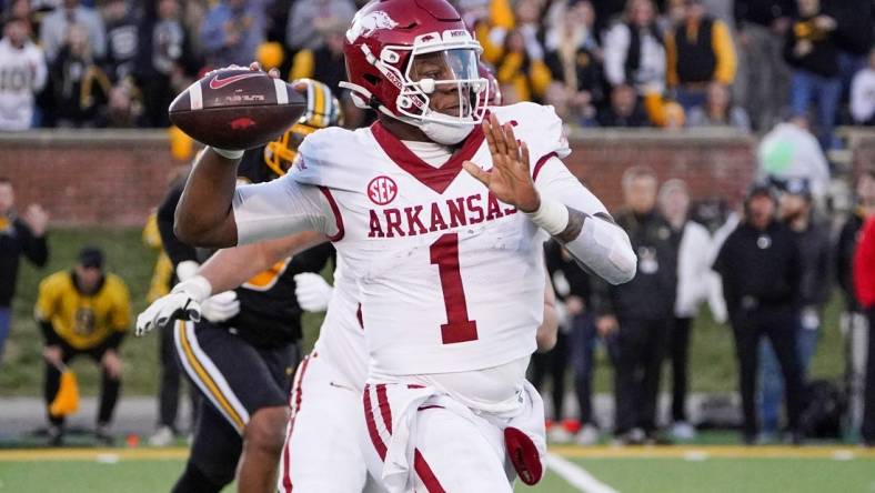 Nov 25, 2022; Columbia, Missouri, USA; Arkansas Razorbacks quarterback KJ Jefferson (1) throws a pass against the Missouri Tigers during the game at Faurot Field at Memorial Stadium. Mandatory Credit: Denny Medley-USA TODAY Sports