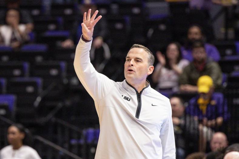 Dec 13, 2022; Baton Rouge, Louisiana, USA; LSU Tigers head coach Matt McMahon calls in a play against the North Carolina Central Eagles during the first half at Pete Maravich Assembly Center. Mandatory Credit: Stephen Lew-USA TODAY Sports
