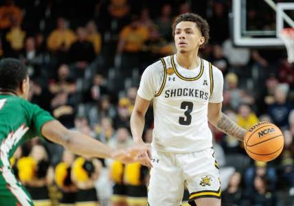 Dec 13, 2022; Wichita, Kansas, USA; Wichita State Shockers guard Craig Porter Jr. (3) looks to pass during the first half against the Mississippi Valley State Delta Devils at Charles Koch Arena. Mandatory Credit: William Purnell-USA TODAY Sports