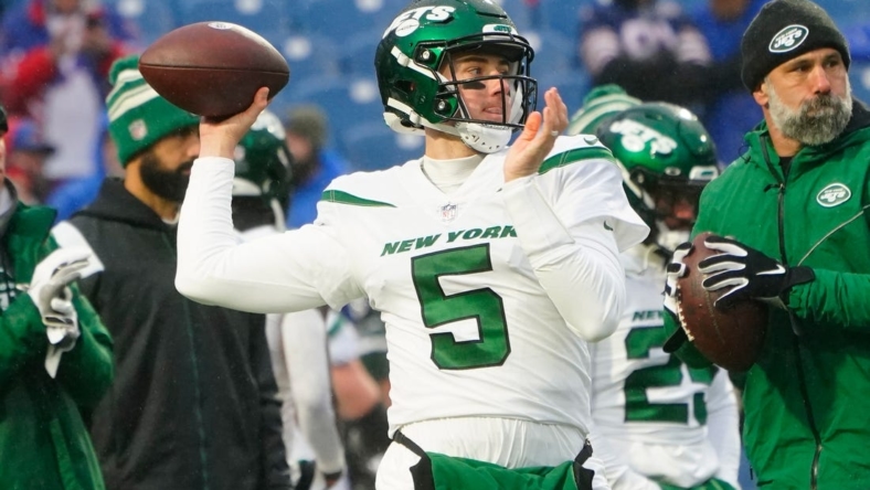 Dec 11, 2022; Orchard Park, New York, USA; New York Jets quarterback Mike White (5) warms up prior to the game against the Buffalo Bills at Highmark Stadium. Mandatory Credit: Gregory Fisher-USA TODAY Sports