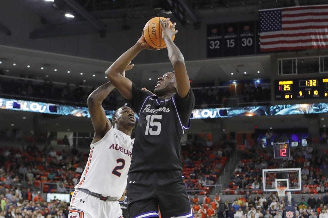 Dec 14, 2022; Auburn, Alabama, USA;  Georgia State Panthers forward Ja'Heim Hudson (15) takes a shot against Auburn Tigers forward Jaylin Williams (2) during the first half at Neville Arena. Mandatory Credit: John Reed-USA TODAY Sports