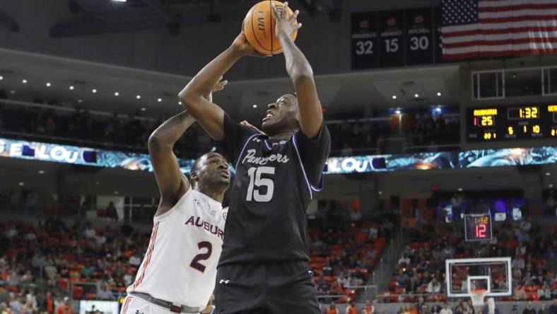 Dec 14, 2022; Auburn, Alabama, USA;  Georgia State Panthers forward Ja'Heim Hudson (15) takes a shot against Auburn Tigers forward Jaylin Williams (2) during the first half at Neville Arena. Mandatory Credit: John Reed-USA TODAY Sports